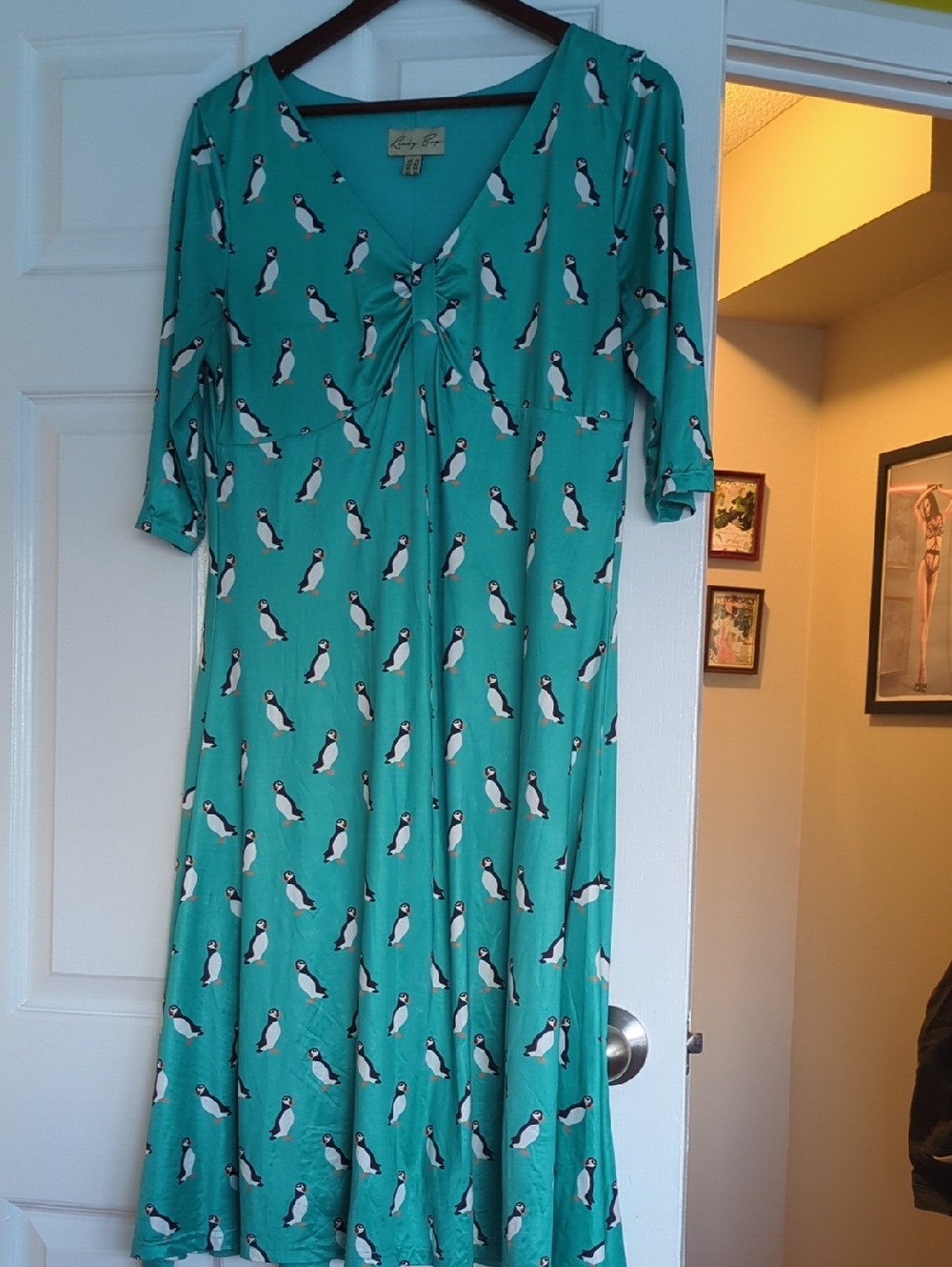 Lindy Bop Teal Puffin Print V‑Neck Dress